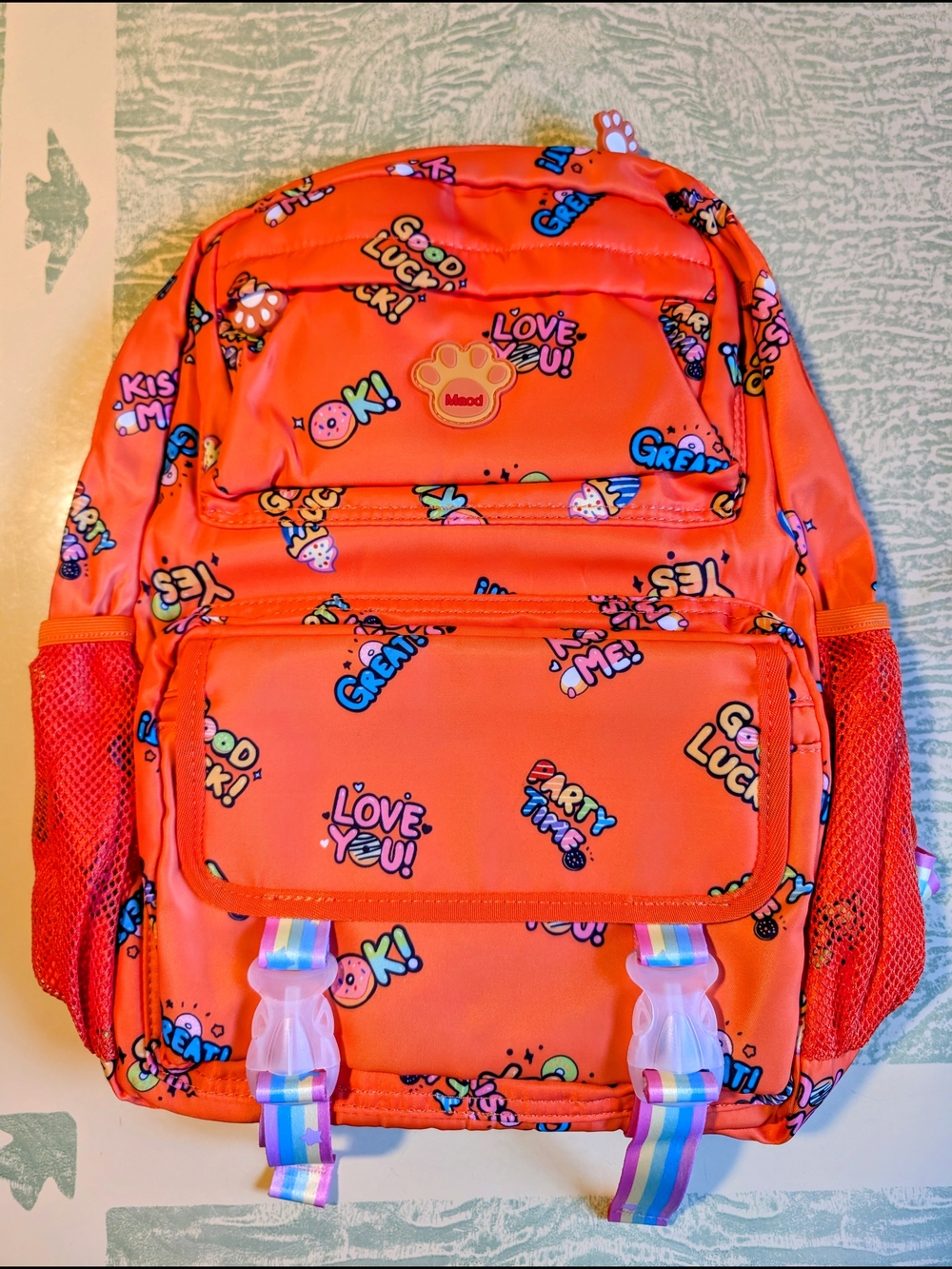 Maod Kids Orange Patterned Backpack with Rainbow Straps